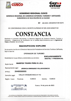 Constancia de Agencia y Operador de Viajes en Perú