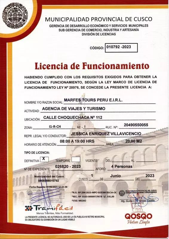 Licencia de funcionamiento como empresa de Turismo en Cusco